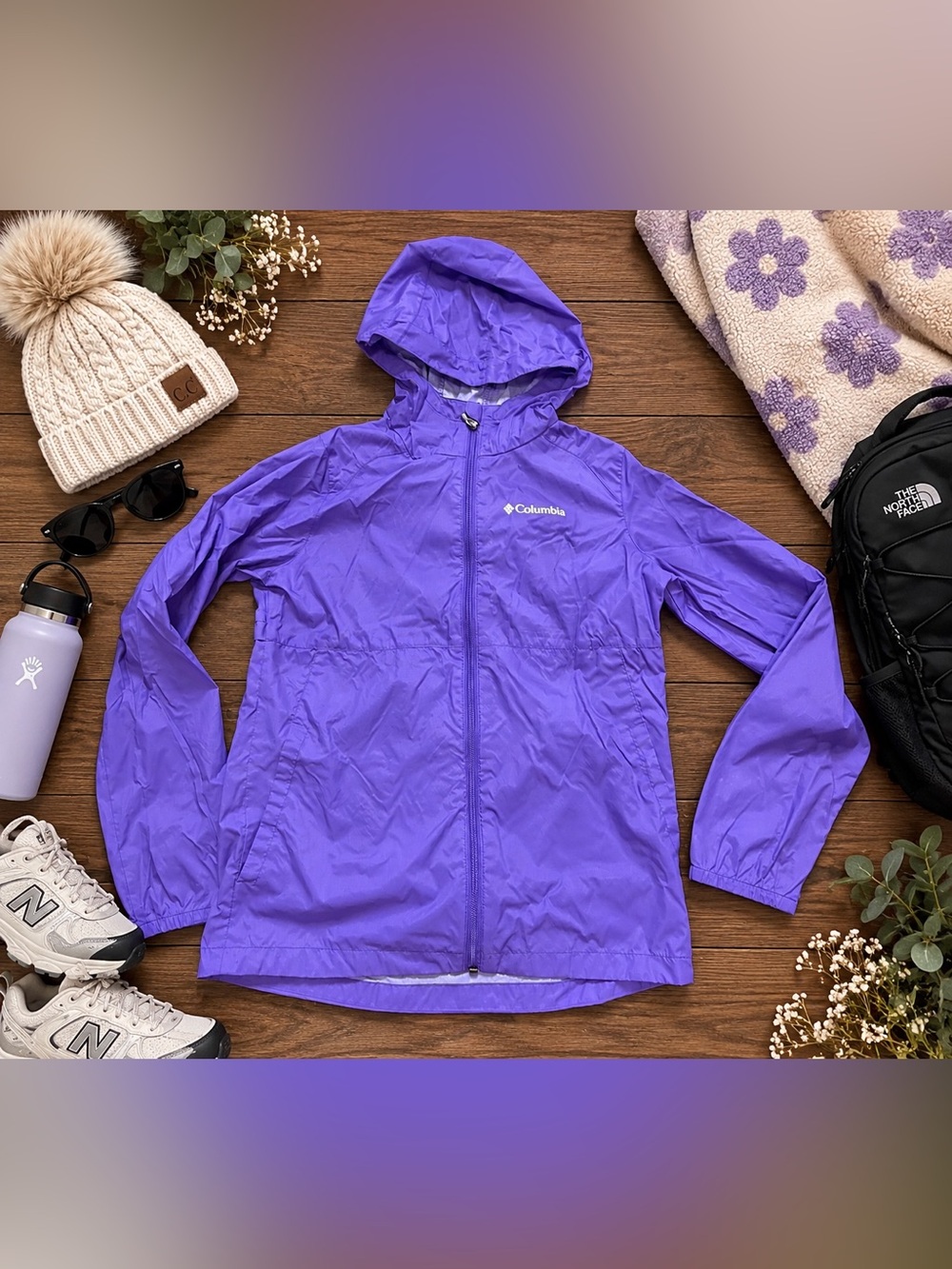 Columbia Girls Purple Hooded Rain Jacket Lightweight Full Zip Size M